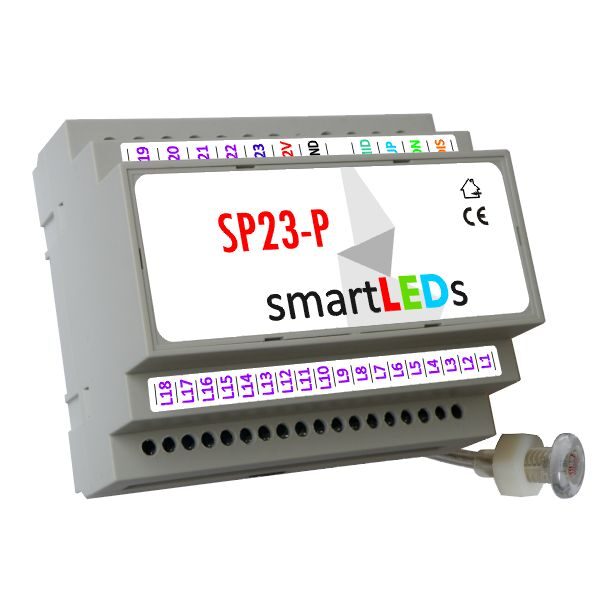 Inteligentny sterownik oświetlenia LED schodów z półpiętrem smartLEDs SP23-P (model PREMIUM) z wyłącznikiem zmierzchowym, sonda światła i obsługą półpiętra