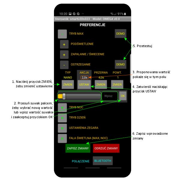 Ekran PREFERENCJE aplikacji smartLEDs OMEGA - Sterownik schodowy LED smartfon