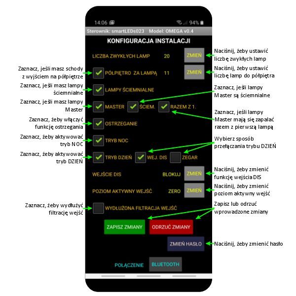 Ekran KONFIGURACJA INSTALACJI aplikacji smartLEDs OMEGA - Sterownik schodowy LED smartfon Bluetooth