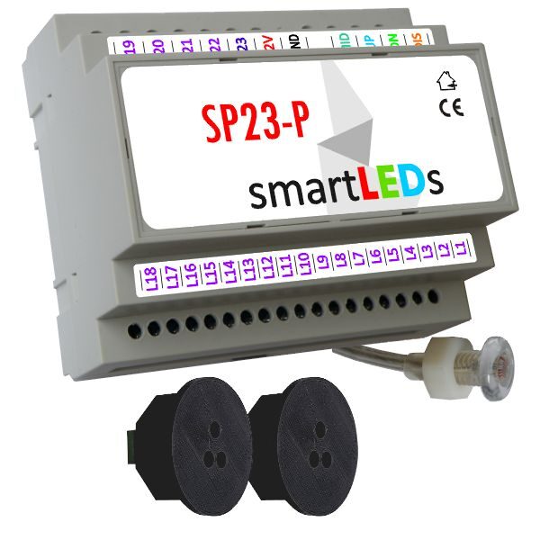 Sterownik schodowy SP23-P z czujnikiem zmierzchu + 2 optyczne czujniki ruchu (czarne okrągłe) - Schody podświetlane taśmą LED
