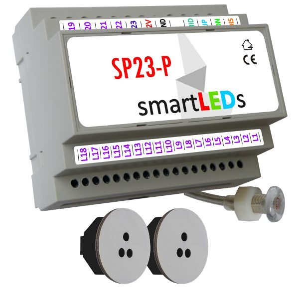 Sterownik schodowy SP23-P z czujnikiem zmierzchu + 2 optyczne czujniki ruchu (szare okrągłe) - Schody podświetlane taśmą LED