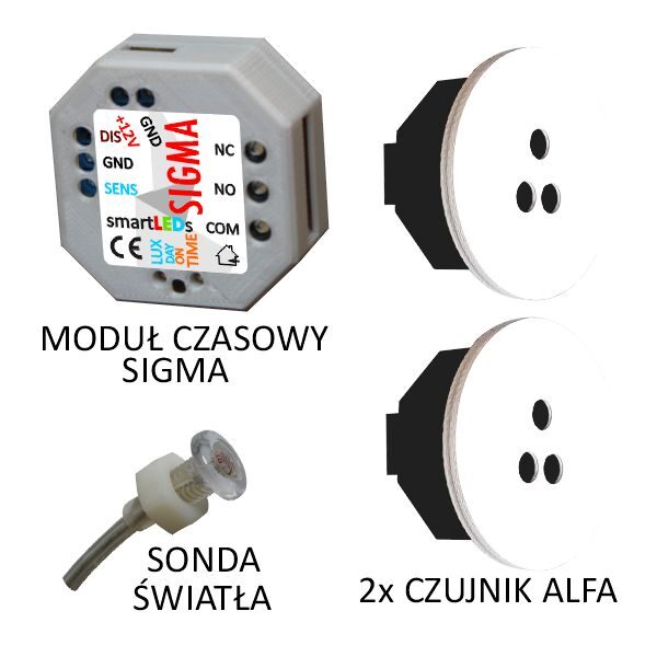 Schodowy zestaw sterujący smartLEDs BASIC: Moduł czasowy z wyjściem przekaźnikowym + Sonda światła + 2 czujniki ruchu ALFA 100cm (białe, okrągłe)