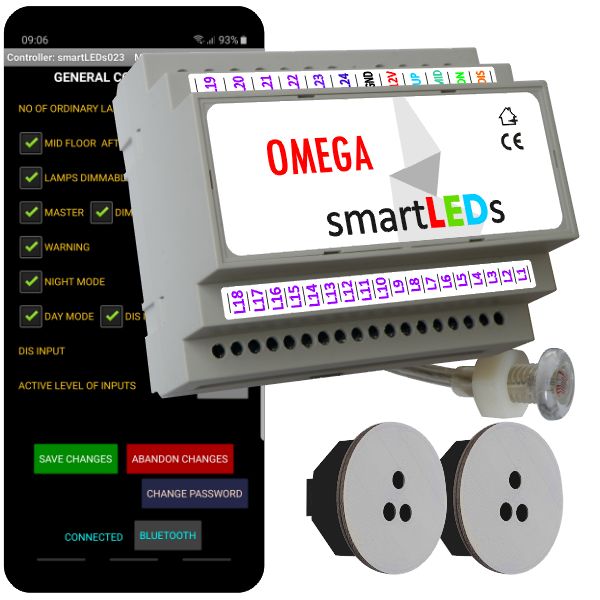 Zestaw schodowy do oświetlenia LED "Inteligentne schody z aplikacją na smartfon". Sterownik schodowy smartLEDs OMEGA z czujnikiem zmierzchu + 2 schodowe czujniki ruchu ALFA (szare okrągłe).